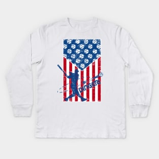 Red White and Dingers Baseball American Flag Home Plate Baseball Kids Long Sleeve T-Shirt